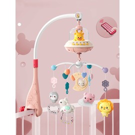 BSROLUNA Baby Crib Mobile with Music and Lights, Baby Mobile for Crib with Remote Control, Hanging Rotating Animals Rattles, 16 Songs and Timing Function, Cartoon Baby Crib Toys (Pink Airship)