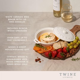 Twine Ceramic Brie Baker with Acacia Wood Spreader, Brie Baking Dish with Lid, Brie Cheese Baking Dish, Ceramic Bakeware, White, Set of 1
