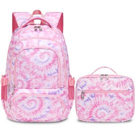 BLUEFAIRY Kids Backpack with Lunch Box for Girls Boys Elementary Primary Middle School Bag with Lunch Bag Set 17 Inch Bookbag Mochilas Escolares para Niñas Niños (Tie-dye, Cherry Blossom Pink)