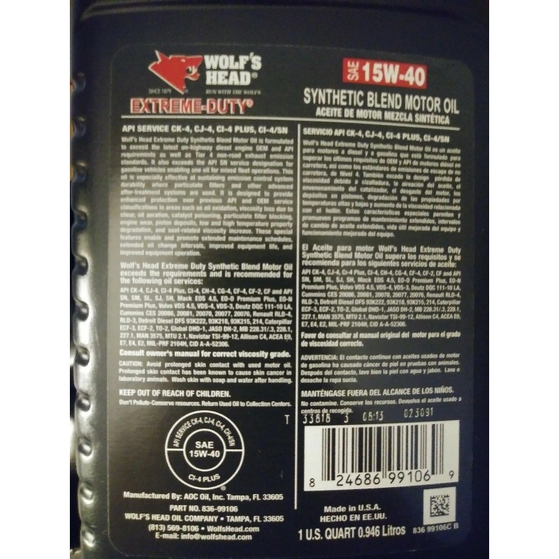 WOLF'S HEAD 6 QUART WOLF'S HEAD MOTOR OIL SYNTHETIC BLEND