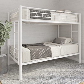 HomJoones Twin Over Twin Metal Bunk Bed with Trundle Heavy Duty Twin Size Metal Bunk Beds Frame with 2 Side Ladders Convertible Bunkbed with Safety Guard Rails,No Box Spring Needed (White2)