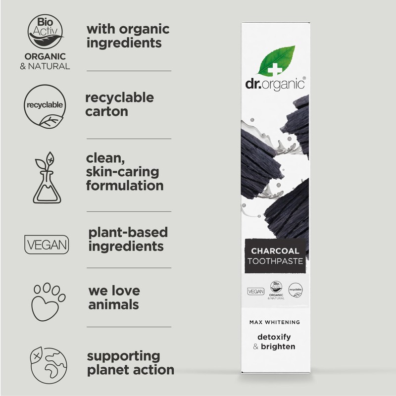 Dr Organic Activated Charcoal Toothpaste, Extra Whitening, Natural, Vegan, Cruelty-Free,