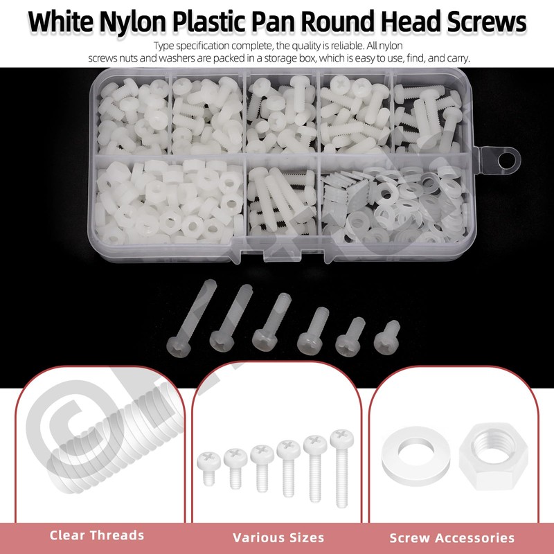 Hilitchi 360PCS 6 Sizes White Nylon Pan Round Head Screws