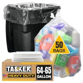 65 Gallon Clear Trash Bags Heavy Duty (MegaPack 50 Bags w/Ties) 64 Gallon Extra Large Clear Plastic Recycling Garbage Bags