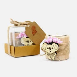 10 Pcs Shawly Sisters Wooden Candle and Tealight Holders, Cylinder Shaped Wood Candleholders, Baby Shower Keepsake Favors for Girl, Newborn Baby Gifts for Girls (Pink Flower, Natural Wood)