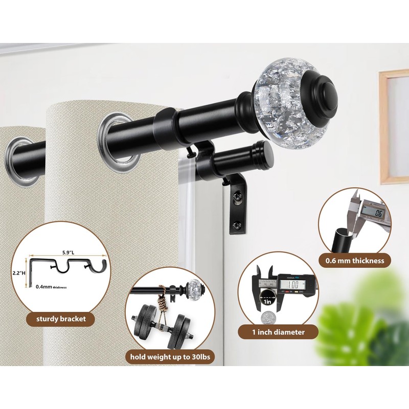 1 Inch Black Double Curtain Rods for Windows 66 to
