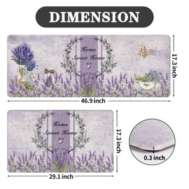 EXYGLO 2 Pieces Kitchen Rugs, Purple Lavender Kitchen Mats for Floor, Cushioned Waterproof Non-Slip Foam Mat for Laundry, Office, Bathroom, Hallway, 47"x17"+29"x17"