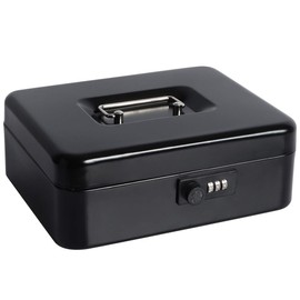 Cash Box with Money Tray, Parrency Large Money Box with Combination Lock, 9.8 x 7.9 x 3.5 inches, Black