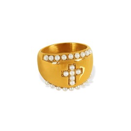 Kokoma Cross Chunky Ring for Women Men Pearl Cross Dome Blod Statement Ring Thick Finger Bands Stacking Rings Thumb Band Fashion Jewlery (6)