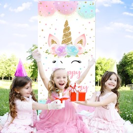 Avezano Unicorn Happy Birthday Banner Watercolor Rainbow Unicorn Birthday Door Banner Glitter Unicorn Decorations for Girls Birthday Party