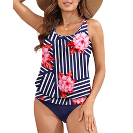 Yonique Women Two Piece Tankini Blouson Swimsuit Bathing Suits Racerback Swim Tank Tops with Bottoms Tummy Control Swimwear Red Floral Stripe M