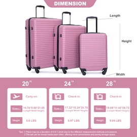 Udorich Lightweight and Durable 3 Piece Luggage Set with Spinner Wheels and Adjustable Handle, 20/24/28 inches, Pink