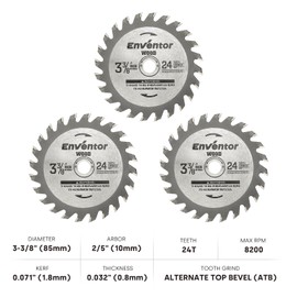 Enventor 3 Pack 3-3/8 Inch (85mm) Mini Circular Saw Blade for Mini Circular Saw, 24T Saw Blade Arbor Size 2/5-inch (10mm) for Wood, Plastic Cutting