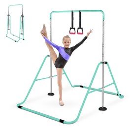 Triclicks Foldable Gymnastics Bar with Rings, Adjustable Height Expandable Training Kip Bar for Kids 3-12 - Home Gym Horizontal Monkey Bars Equipment for Boys & Girls (Green)