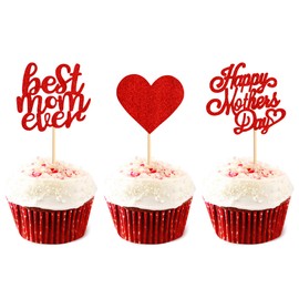 Keaziu Paquete de 48 adornos para cupcakes con texto en inglés "Happy Mother's Day", color rojo