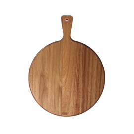 Dexas Acacia Wood Pizza Cutting Board, 14-Inch Round Paddle Board with Built-In Portion Grooves, Food Safe & Reversible