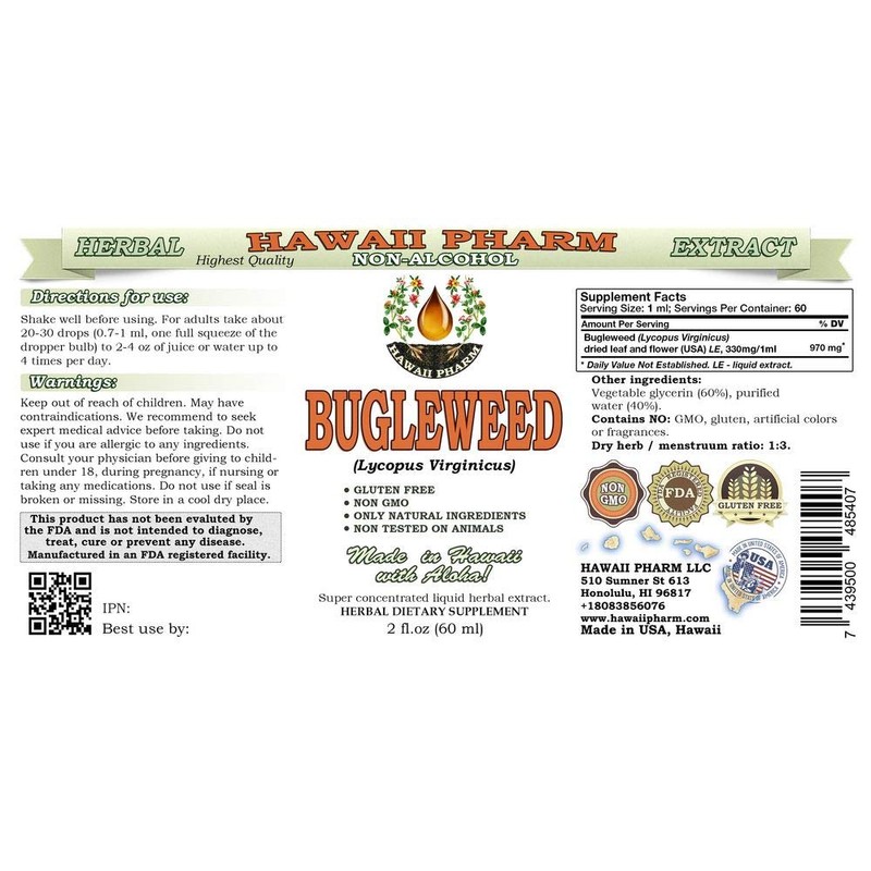 HawaiiPharm Bugleweed Alcohol-Free Liquid Extract, Organic Bugleweed (Lycopus Virginicus) Dried