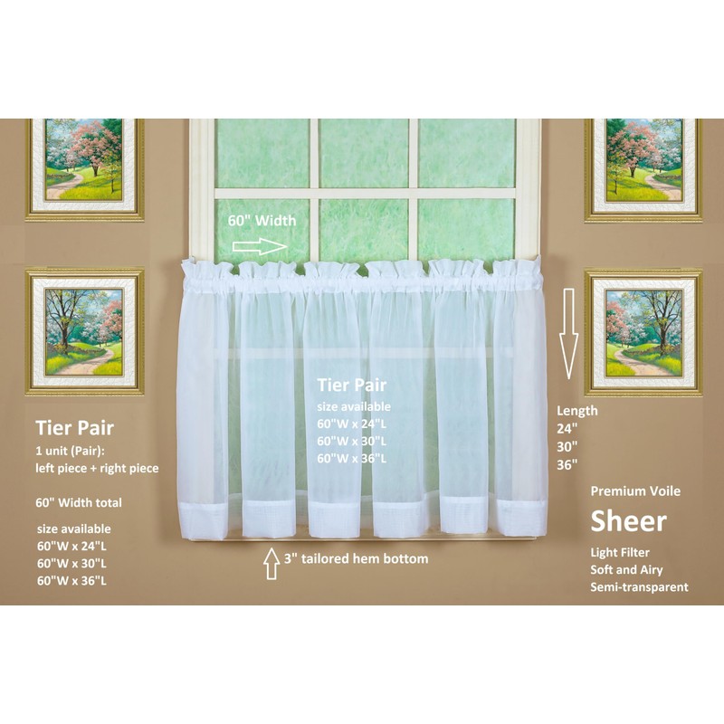 Today's Curtain Emelia Original Voile Tier Pair 30", White, 60"