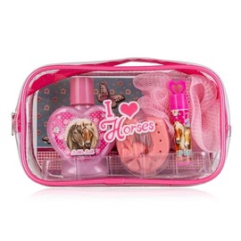 Accentra I Love Horses Gift Set for Teenagers and Girls in Cosmetic Bag Including Bubble Bath, Soap, Lip Balm with Delicious Strawberry Scent and a Sponge