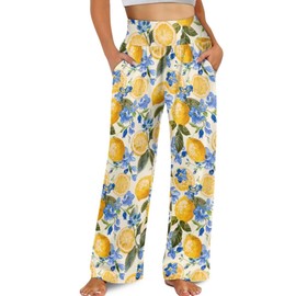 ZWPINITUP Lemon Blue Flower Women's Elastic High Waist 3D Print Pants Gift Palazzo Wide Leg Lounge Pants Travel for Mother Day