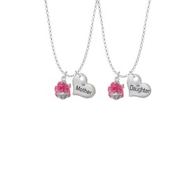 Delight Jewelry Hot Pink Hibiscus Flowers Spinner Mother & Daughter Heart Necklaces (Set of 2), 19"+2"