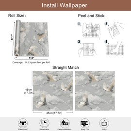 Vintage Crane and Cloud Peel and Stick Wallpaper, East Asian Art Wallpaper