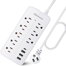 20FT Surge Protector Power Strip Extension Cord with USB C, Asamoom Flat Plug Power Strip with Long Cord, 8 Outlets and 3 USB-A & 1 USB-C Port,1700J for Wall Mount Desk White, ETL Listed