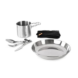 GSI Outdoors Glacier Stainless 1 Person Set | 20 oz Bottle Cup | 8.5 in Plate | 3 pc Cutlery