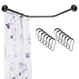 Adjustable Black Corner Shower Curtain Rod with 12 Hooks, 31-41 Inch Diamond Shaped Shower Curtain Rod, Curved Rustproof 304 Stainless Steel Shower Rod for Bathroom Bathtub Drill and No Drill