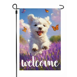 Maltese Dog Welcome Garden Flag, 12 x 18 Inch Burlap Double Side Print,Spring Summer Seasonal Banner Yard Farmhouse Indoor Outdoor Decor Flag (C)