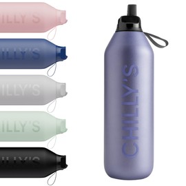 Chilly's Series 2 Flip Bottle - Thermos Flask with Sports Cap, Telescopic Straw and Nylon Carry Strap - Stainless Steel Bottle with Easy Flip Opening and Straw Brush - 1000 ml - Lavender