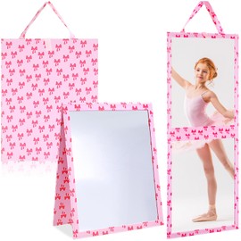 Chunful Pink Bow Backstage Hanging Mirror with Handle 33.5 x 13.4 Inch Leather Folding Hanging Mirror Rectangular for Travel Dance Bag Home Fitness Spa Gift for Dancers
