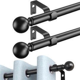 2 Pack Curtain Rods for Windows 18 to 48 Inches, Adjustable Length, 6/8 Inch, 100% Mental, Matte Black, Never Bend, Thick Strong Telescoping Single Drapery Rod