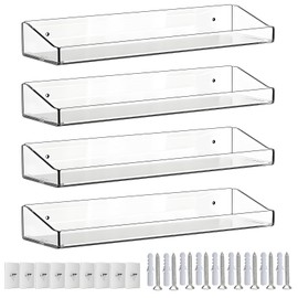 AEDNX Clear Wall Shelves Acrylic Floating Organizer for Perfume, Makeup, Books, Collectibles, and More Stick-On or Drilled Mounting Durable & Space-Saving (4 Pack)