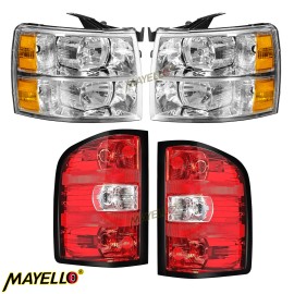 mayello 4PCS Headlights Amber reflector+Tail lights For 07-13 Chevy Silverado 1500 2500