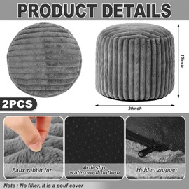 Teenyyou 2 Pcs Unstuffed Pouf Cover Ottoman Foot Rest Faux Rabbit Fur Foot Stool Floor Bean Bag Floor Chair Storage for Living Room Bedroom Home Decor, No Filler(Gray,20 x 15 in)