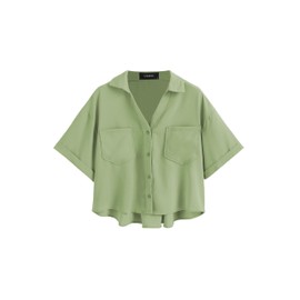CIDER Collar Pocket Short Sleeve Crop Blouse: Green, XS