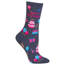 Hot Sox Women's Fun Pop Culture & Celebration Crew Socks-1 Pair Pack-Cool & Funny Novelty Gifts, Happy Birthday (Denim Heather), Shoe Size: 4-10