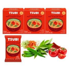 Tsubi Soup Freeze-Dried Tomato Soup Packets - Instant, Vegan, Easy Mix, Gluten & MSG-Free, and Flavorful - Ready in Seconds - Hot & Sour (Okra & Molokhia) Spicy - 12 Packs