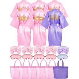 Sintuff 24 Pcs Kids Spa Party Supplies for Girls 6 Spa Party Robes 6 Tote Bags 6 Headbands 6 Eye Masks(Size 12,Purple Birthday)