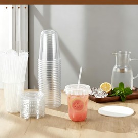 Ziliny 100 Sets Clear Plastic Cups with Lids, Straws, and Paper Cap Liners, Disposable Iced Coffee Cups Drinking Cup for Cold Drinks, Juice, Smoothie, Coffee Shops, Party, Christmas (16oz,Clear)