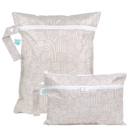 Bumkins Waterproof Wet Bag and Wet Dry Clutch Bags for Baby, Travel, Swim Suit, Cloth Diapers, Pump Parts, Pool, Gym Clothes, Toiletry, Hook to Stroller, Daycare, Zip Packing Pouch, 2-pk Boho Beige