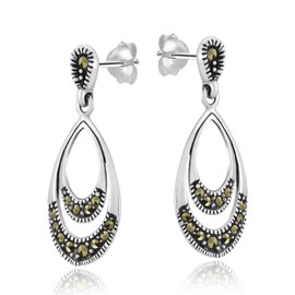 AeraVida Sophisticated Teardrop Vintage Art Deco Marcasite Style Pyrite and .925 Sterling Silver Earrings