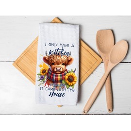 I Only Have A Kitchen Because It Came With The House, One Dish At A Time- Highland Cow - Microfiber White Waffle Weave Towel. 16 x 24 in. Absorbent, No Lint, Thick, Reusable, Commercial, Soft, Hand