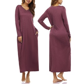 Marvmys Women Long Sleeve Nightshirts Cotton Full Length Sleep Shirts V Neck Pajama Dress with Pocket Burgundy S