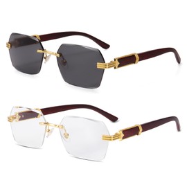 Dollger Rimless Rectangle Sunglasses for Women Men Stylish Hip hop Frameless Designer Hexagon 90s 2000s Shades Wooden Arms Tinted Lens Y2K Square Sun Glasses