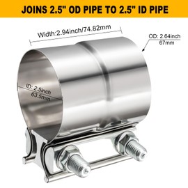 TIROL 2.5 Exhaust Clamp Exhaust Clamp Stainless Steel for Joining 2.5"" OD to 2.5"" ID Exhaust Pipe, Muffler Pipe 2Pcs