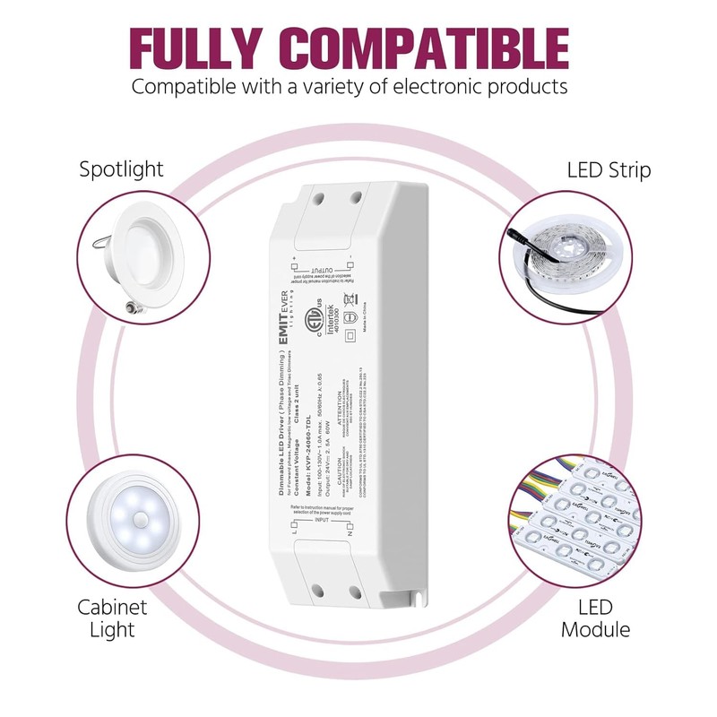 EMITEVER 60W Triac Dimmable LED Driver,Power Supply,AC 120V to DC
