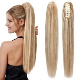 Human Hair Claw Clip Ponytail,Prokyvity Claw Clip Human Hair Ponytail,Claw Clip Ponytail Extension Human Hair,Claw Clip Real Hair Ponytail for Women 14"/105g Golden Brown Mix Bleach Blonde