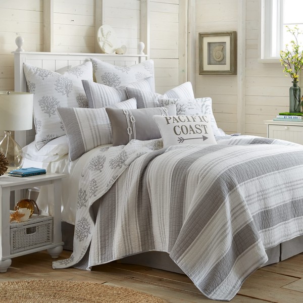 Levtex Home - Nantucket Full/Queen Quit Set - Striped Coastal - Grey & White - Quilt Set Size 88x92in. and Two Shams Size 20x26in. - Reversible - Cotton Fabric